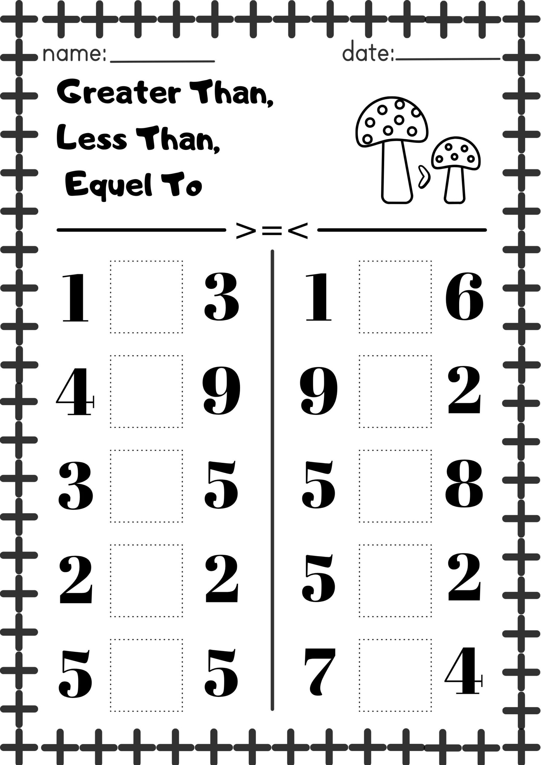 10 Pages Printable Mats greater Than Less Than Equel To math 