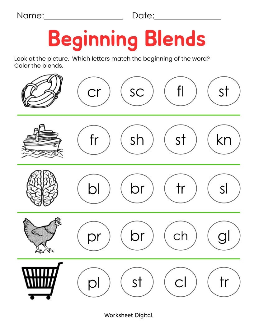 10 Printable Beginning Blends Worksheets For Kindergarten Preschool Homeschool Educational Printables Homework Worksheets Blend Sounds Etsy Finland