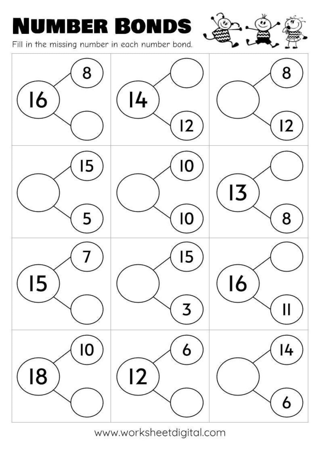 10 Printable Number Bonds Math Worksheets Numbers 1 To 20 Kindergarten First Grade Homeschool Etsy Norway