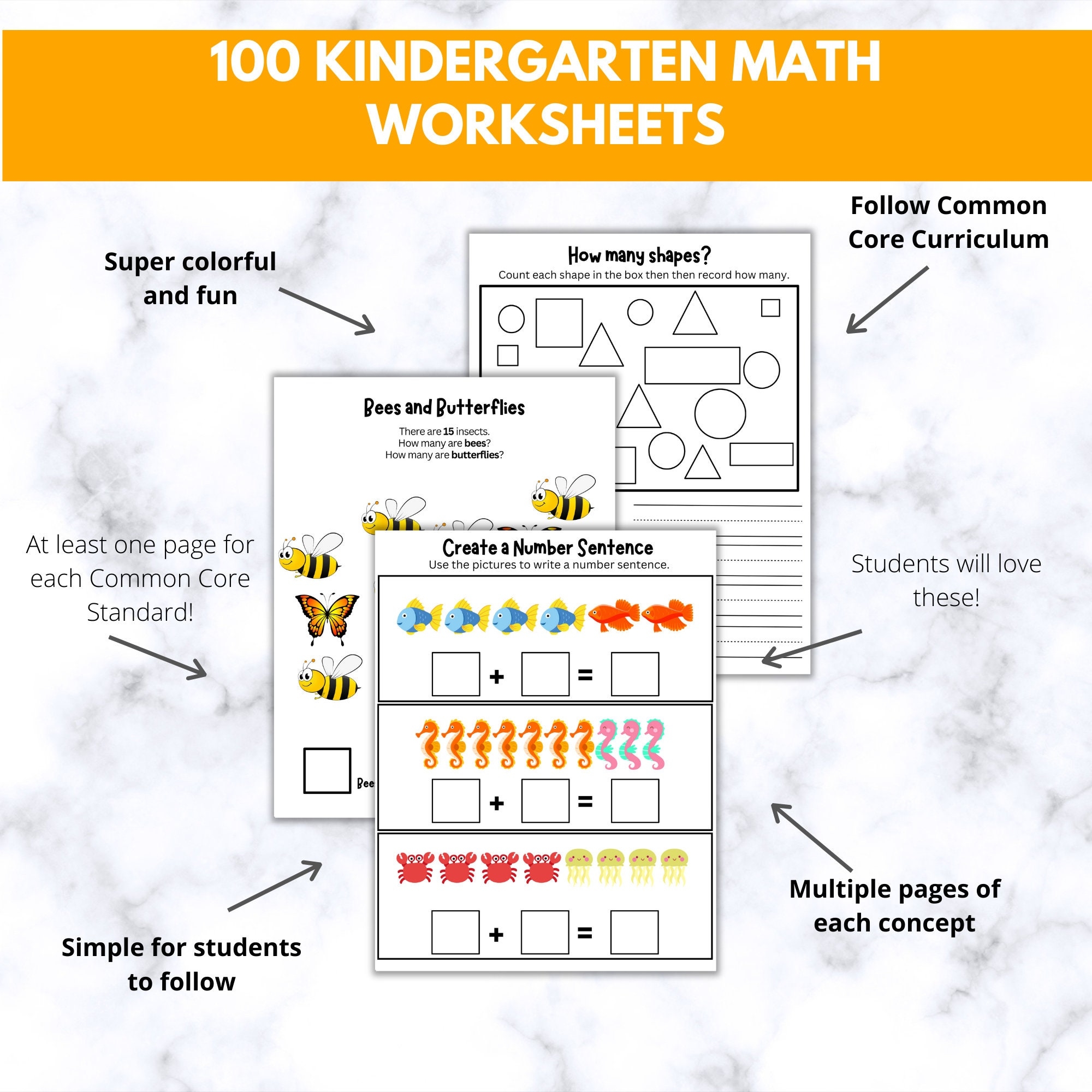 100 Kindergarten Math Common Core Worksheets Printable Instant Download Busy Book Teachers Homeschooling Homework Independent Review Etsy