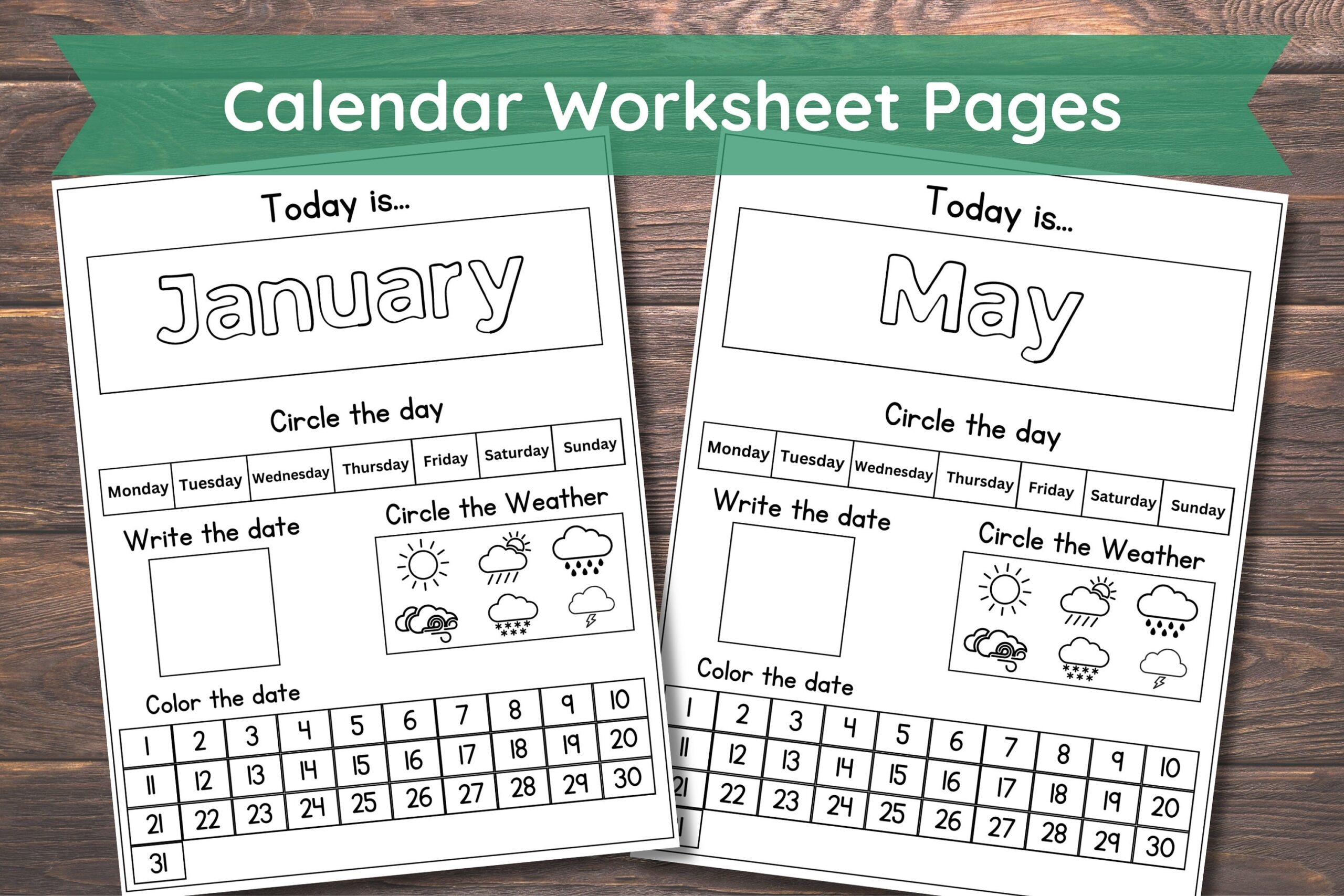12 Printable Preschool Calendar Worksheet Pages Month Day Date Weather Monthly Digital Calendar Interactive Homeschool Notebook Etsy