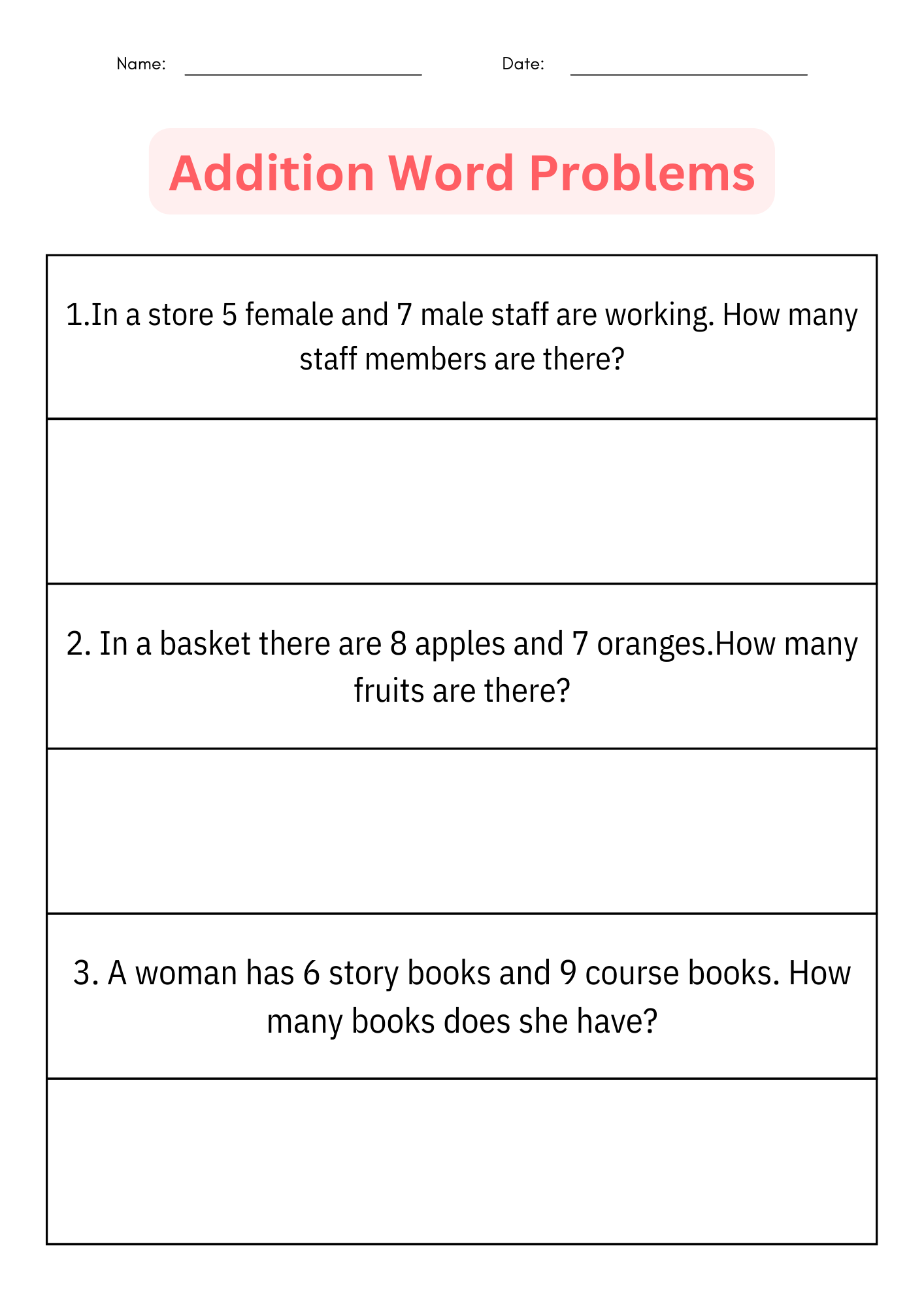 Addition Word Problem Worksheet For Kindergarten