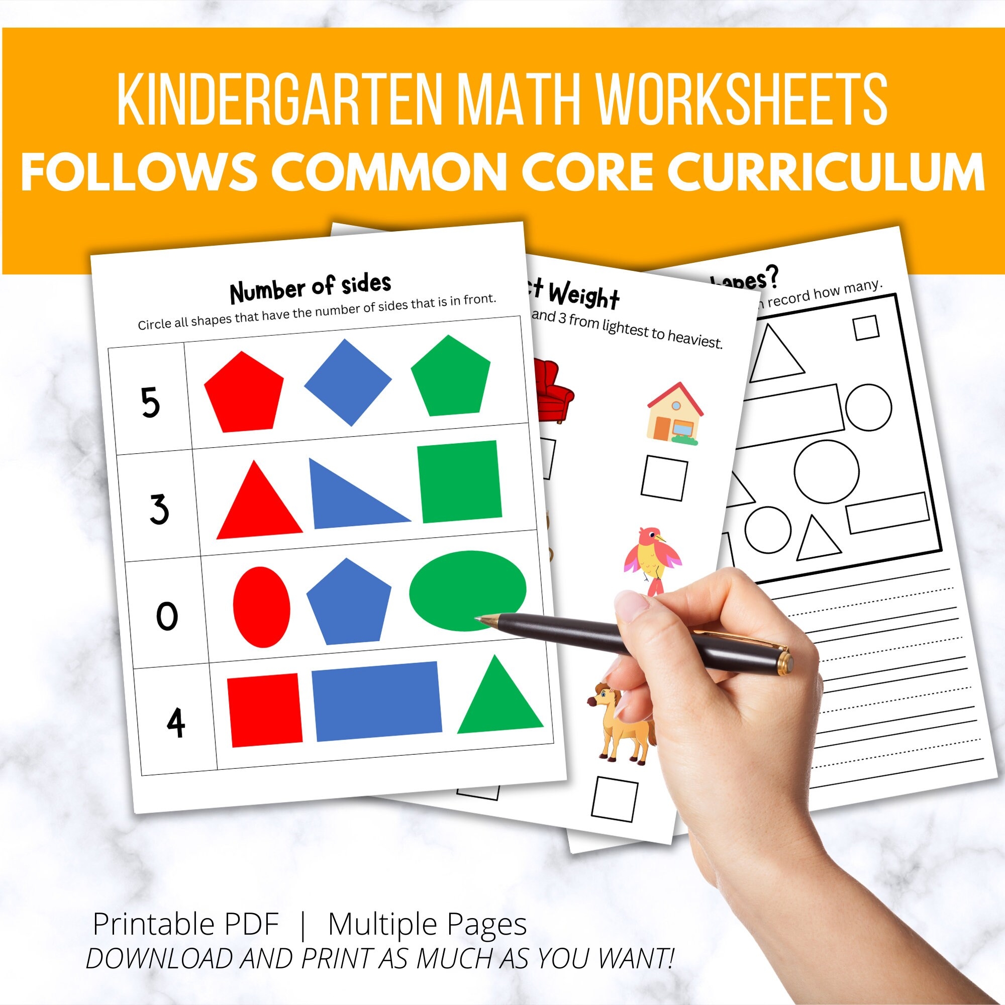 20 Kindergarten Math Common Core Worksheets Measurement Data And Shapes Printable Fun And Colorful Preschool Teachers Homeschooling Etsy