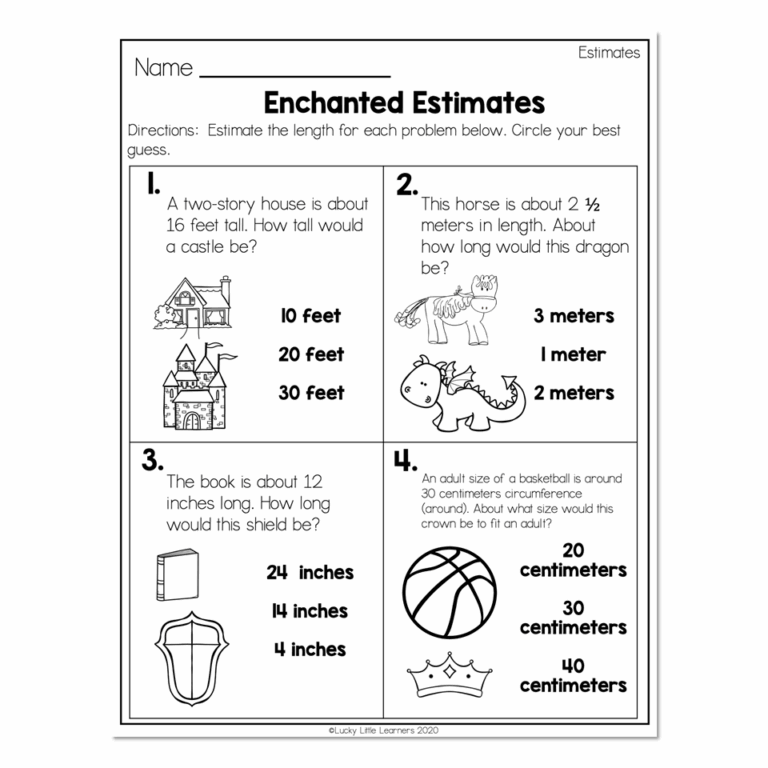 2nd Grade Math Worksheets Measurement Estimates Enchanted Estimates Lucky Little Learners