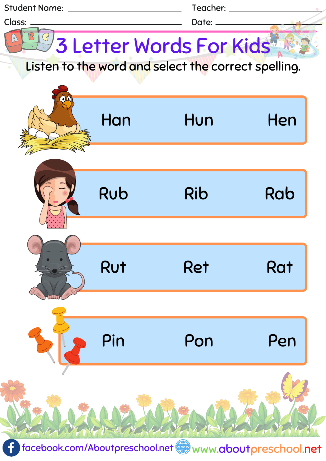 3 Letter Words Worksheets For Kindergarten