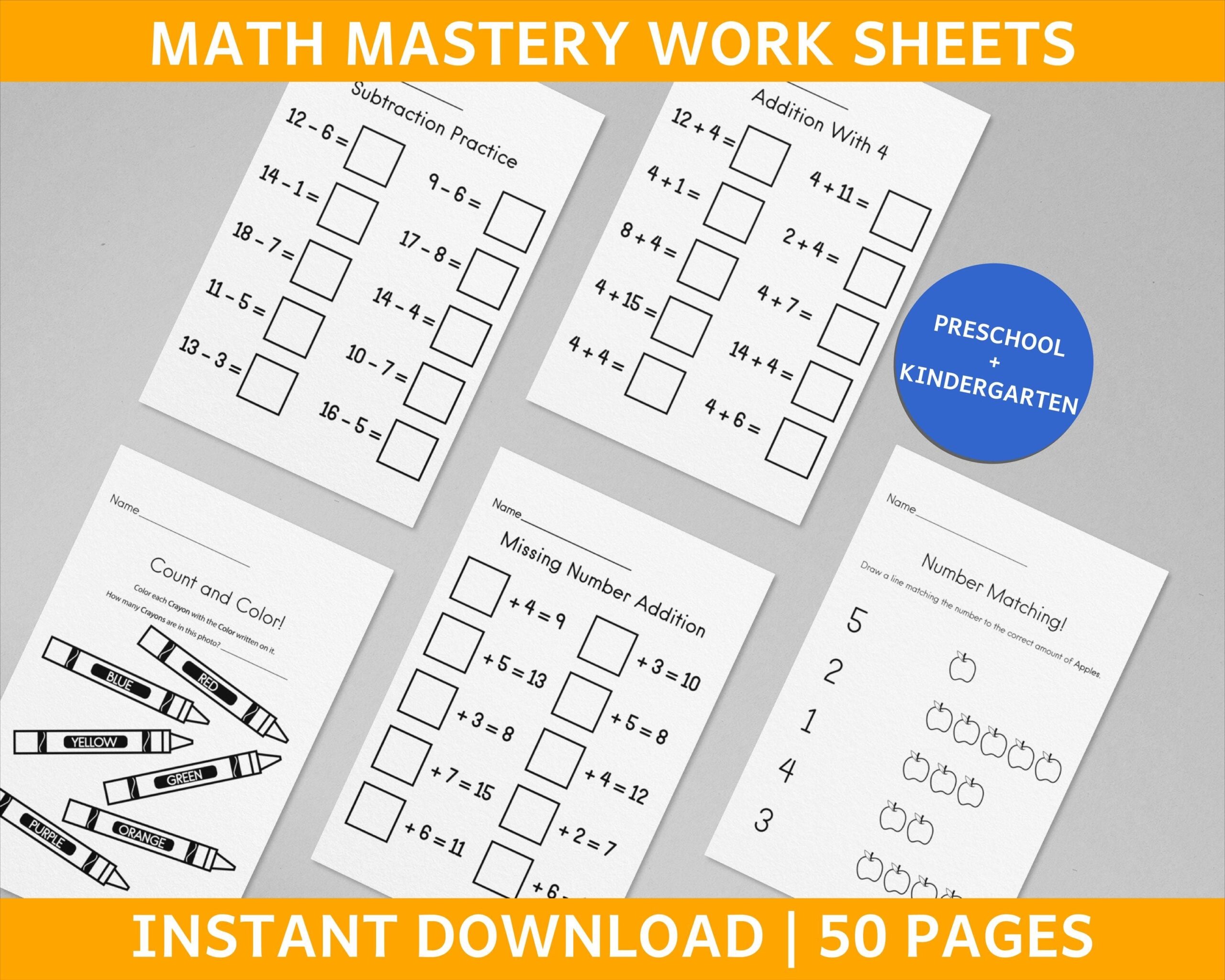 50 Math Mastery Worksheets For Preschool U0026 Kindergarten Addition Subtraction Counting Printable Activities Instant Download PDF Etsy