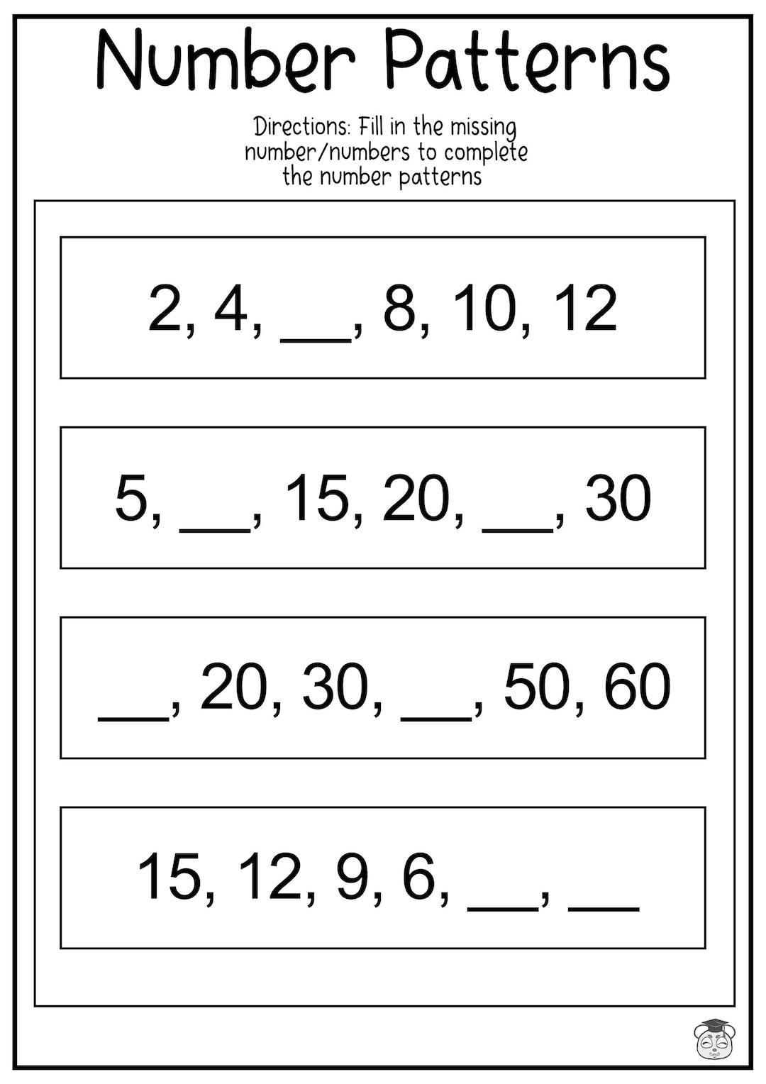 7 Printable Number Patterns Math Worksheet Fill In The Blanks To 