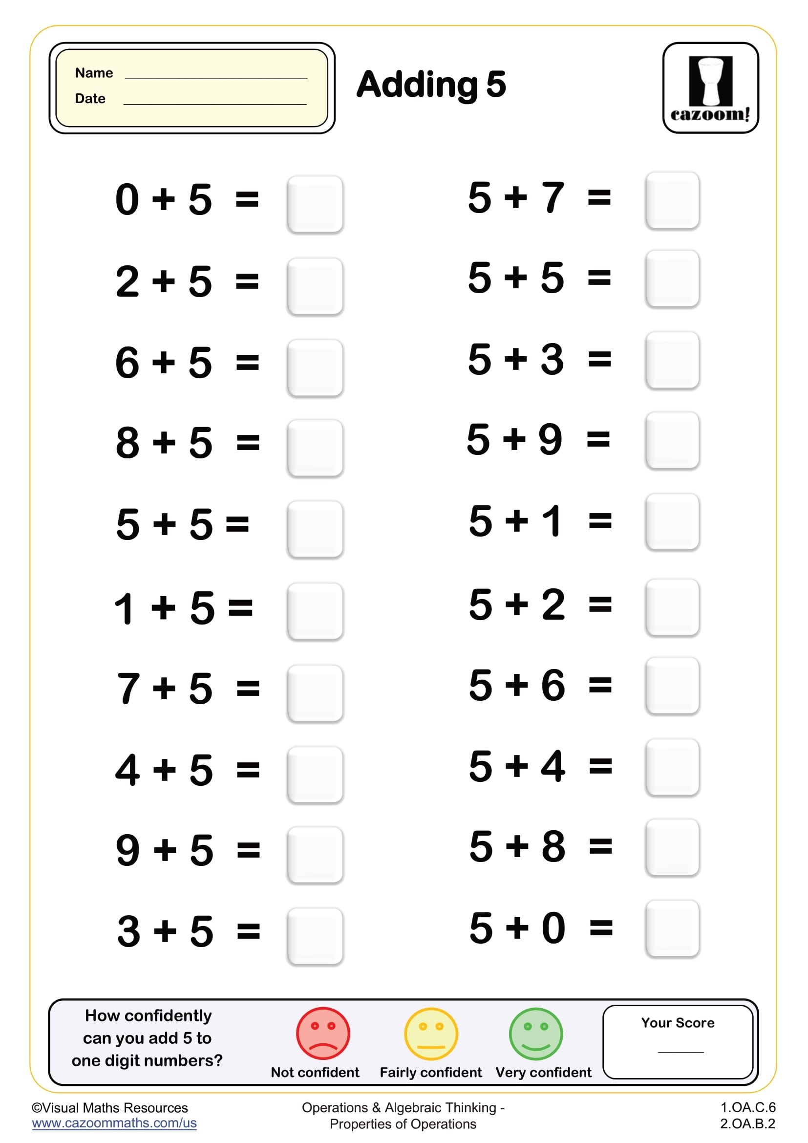 Adding 5 20 Questions PDF Printable Addition Worksheets