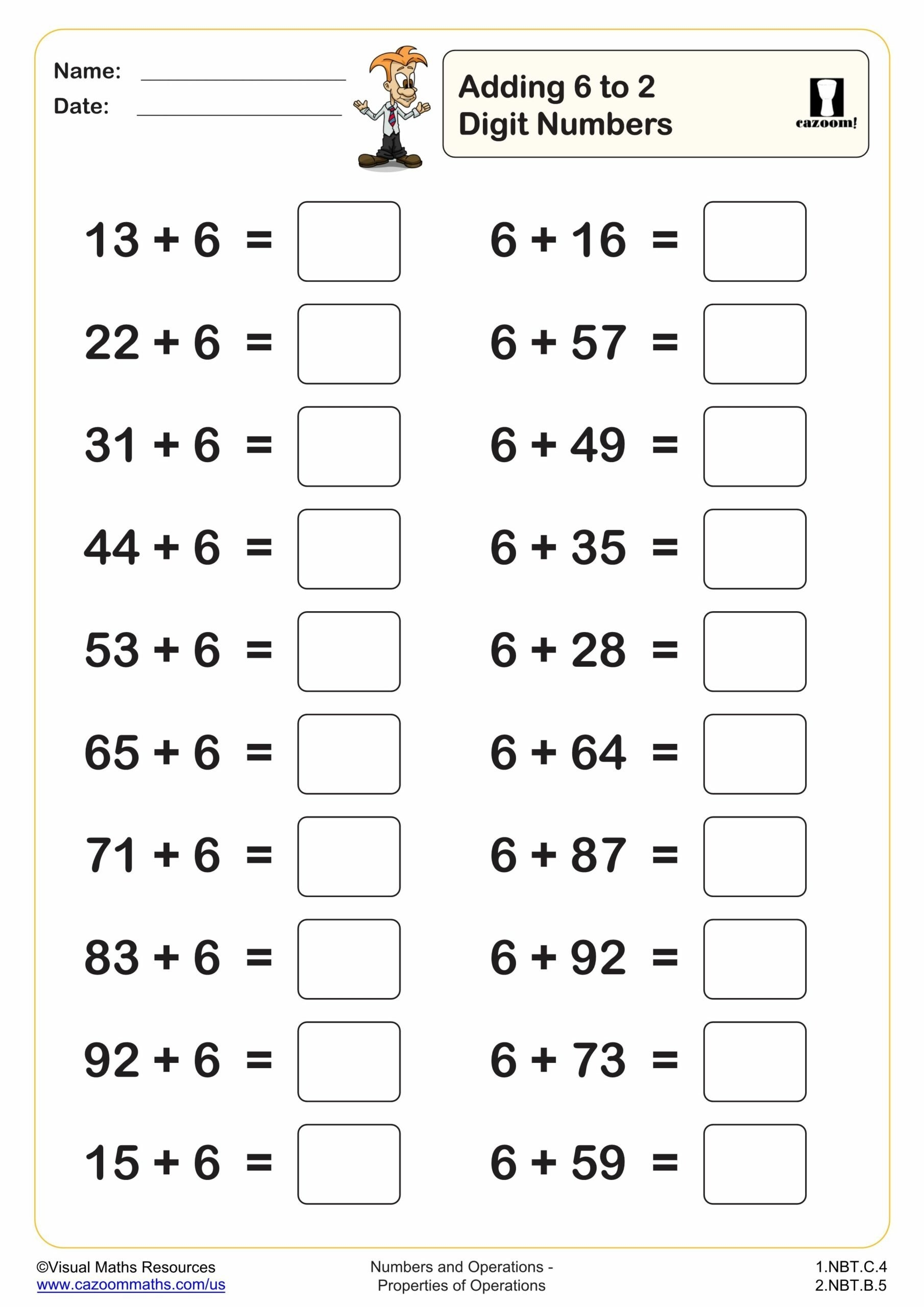 Adding 6 To 2 Digit Numbers 20 Questions PDF Printable 