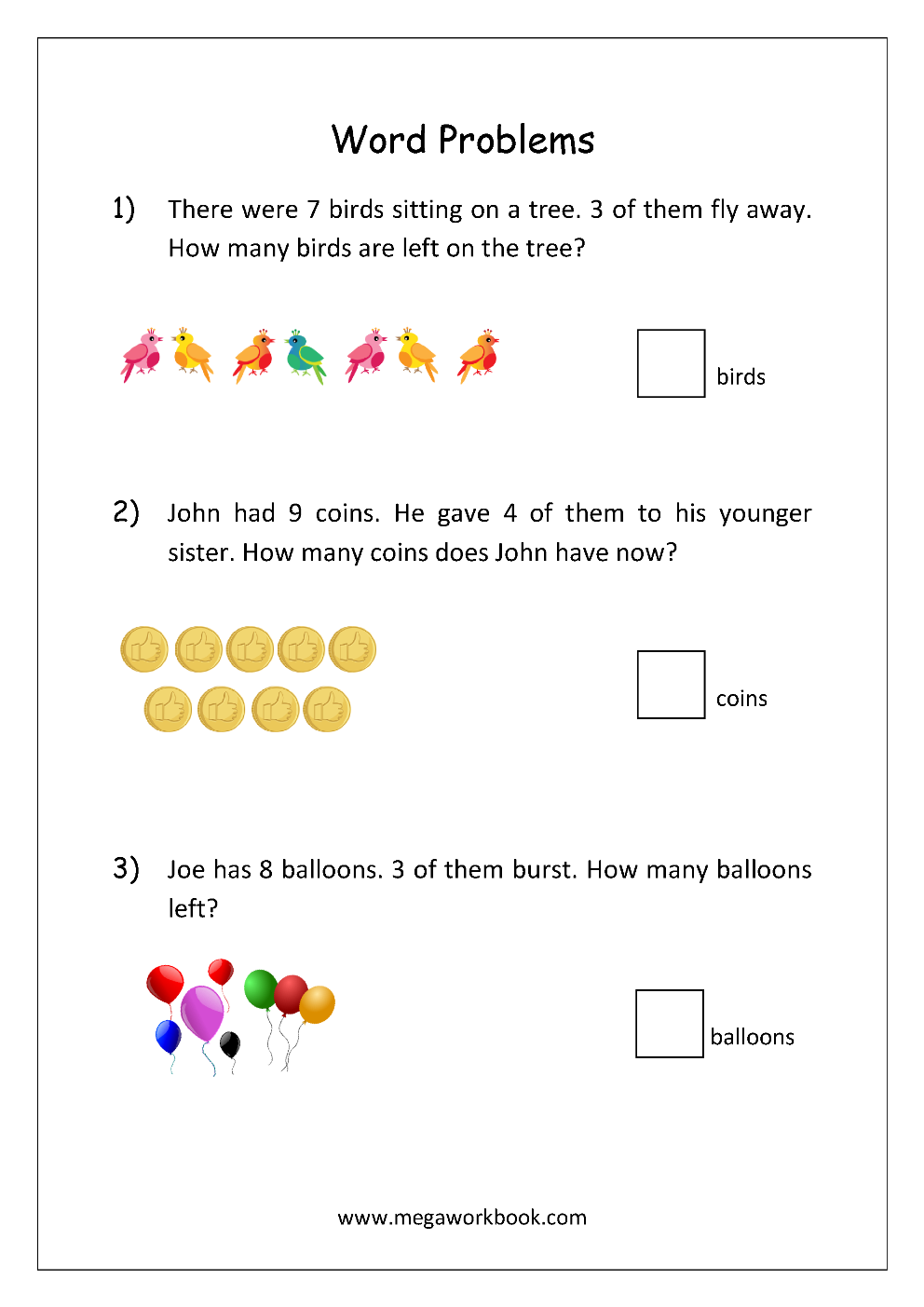 Addition And Subtraction Word Problems Worksheets For Kindergarten 