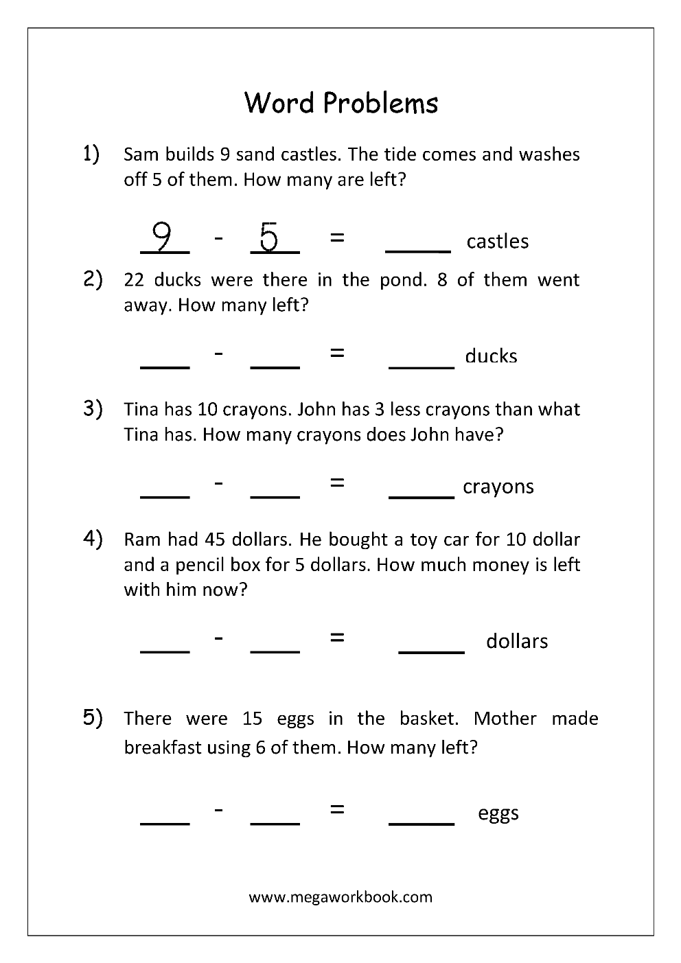 Addition And Subtraction Word Problems Worksheets For Kindergarten 
