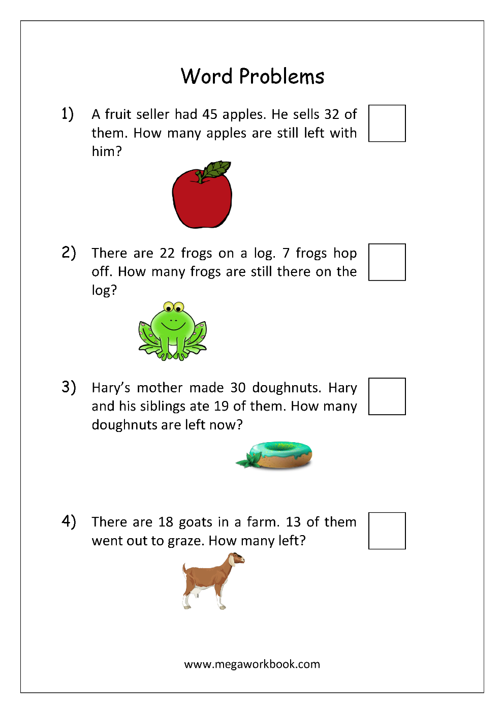 Kindergarten Subtraction Word Problems Worksheets