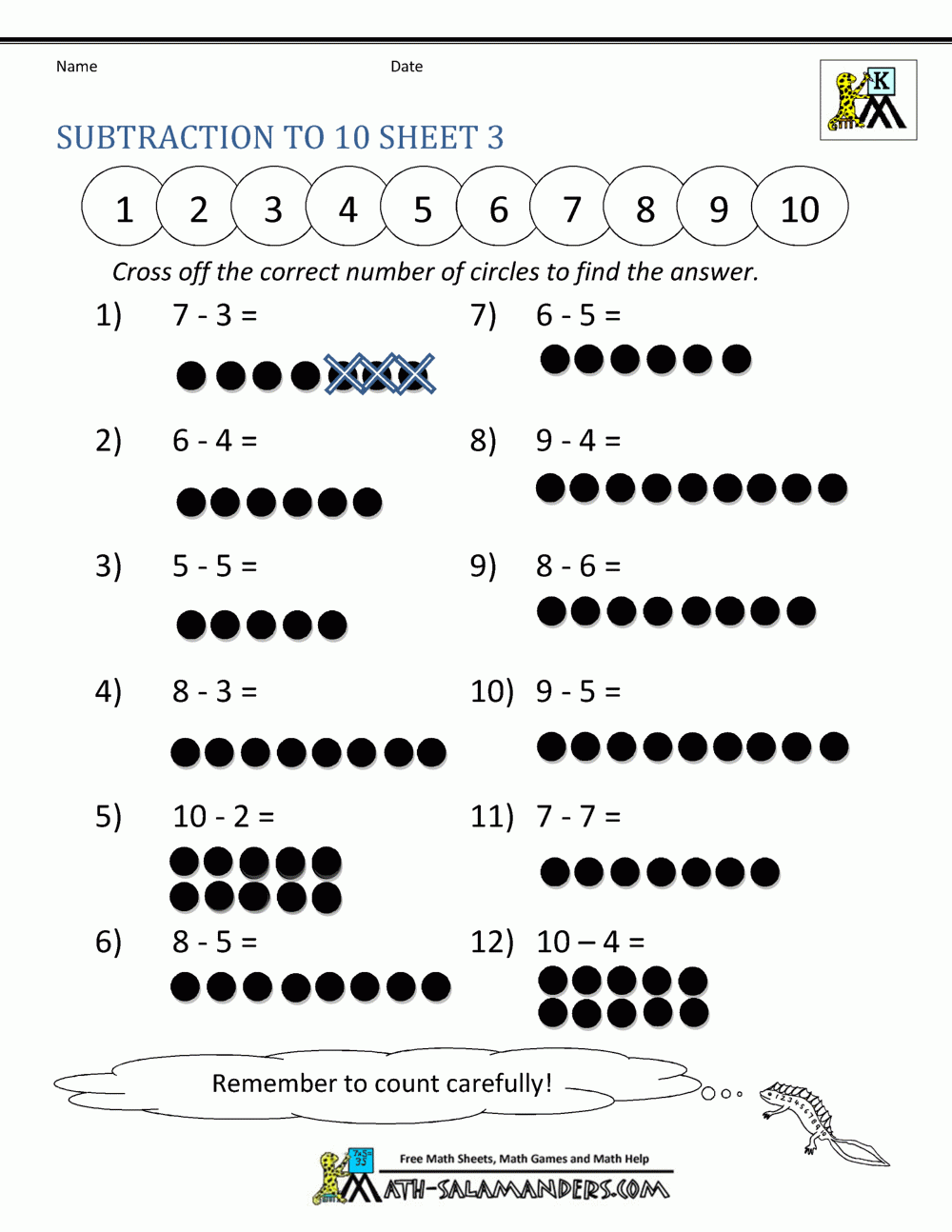 Math Worksheets Subtraction For Kindergarten