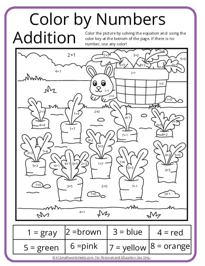Free Addition Color Worksheets For Kindergarten