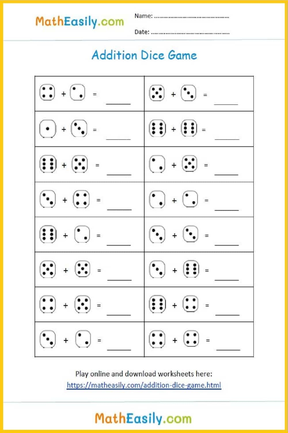 Addition Dice Games PRINTABLE Online Worksheets Library Addition Dice Games PRINTABLE Online Worksheets Library