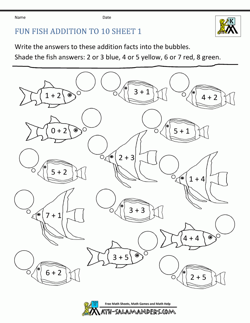 Free Addition Coloring Worksheets For Kindergarten