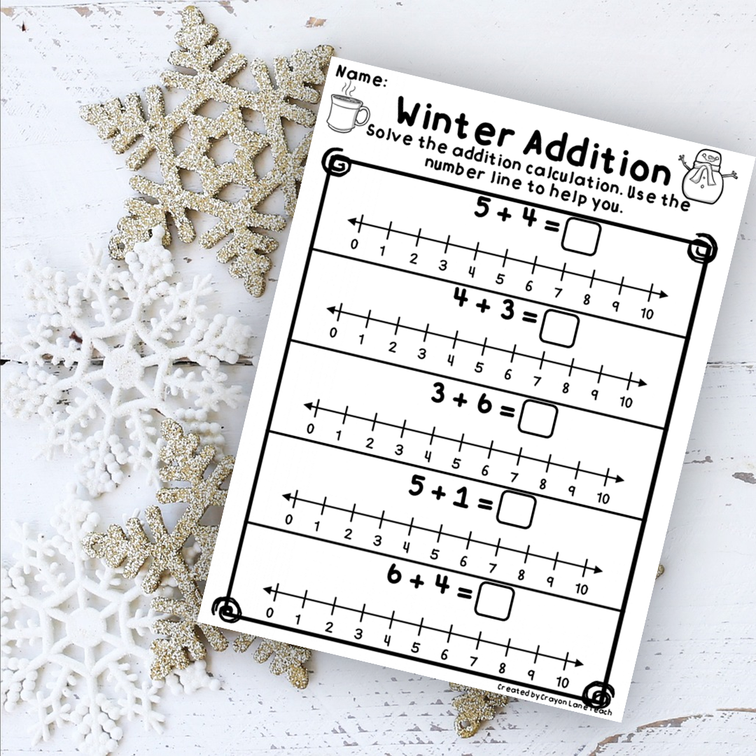 Addition With A Number Line Winter Math Worksheets Kindergarten 