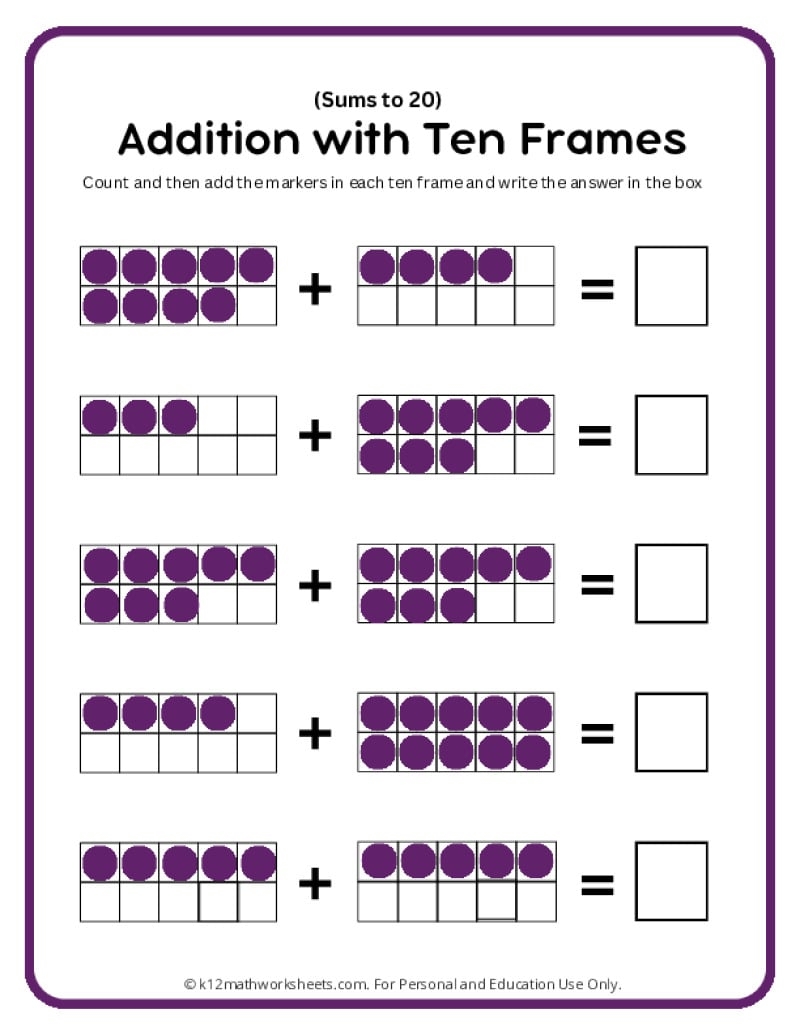Kindergarten Math Ten Frame Worksheets
