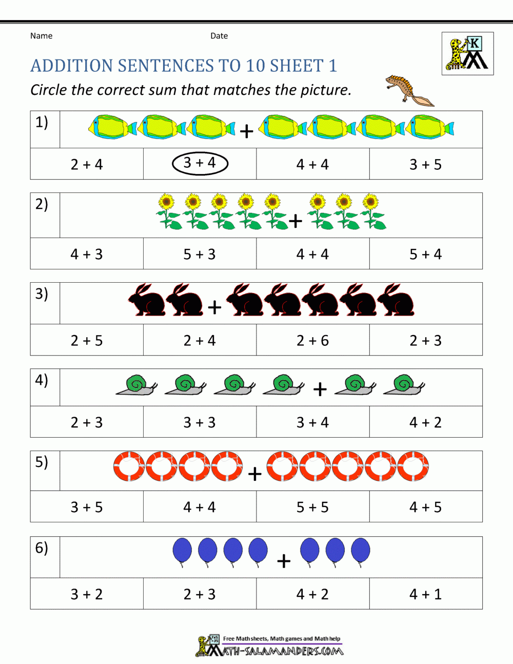 Addition Worksheets For Kindergarten