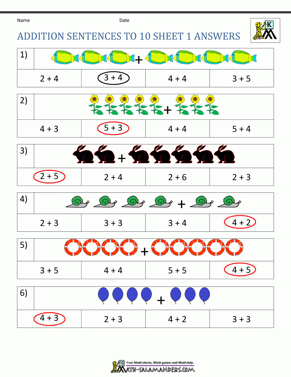 Addition Worksheet Kindergarten Printable
