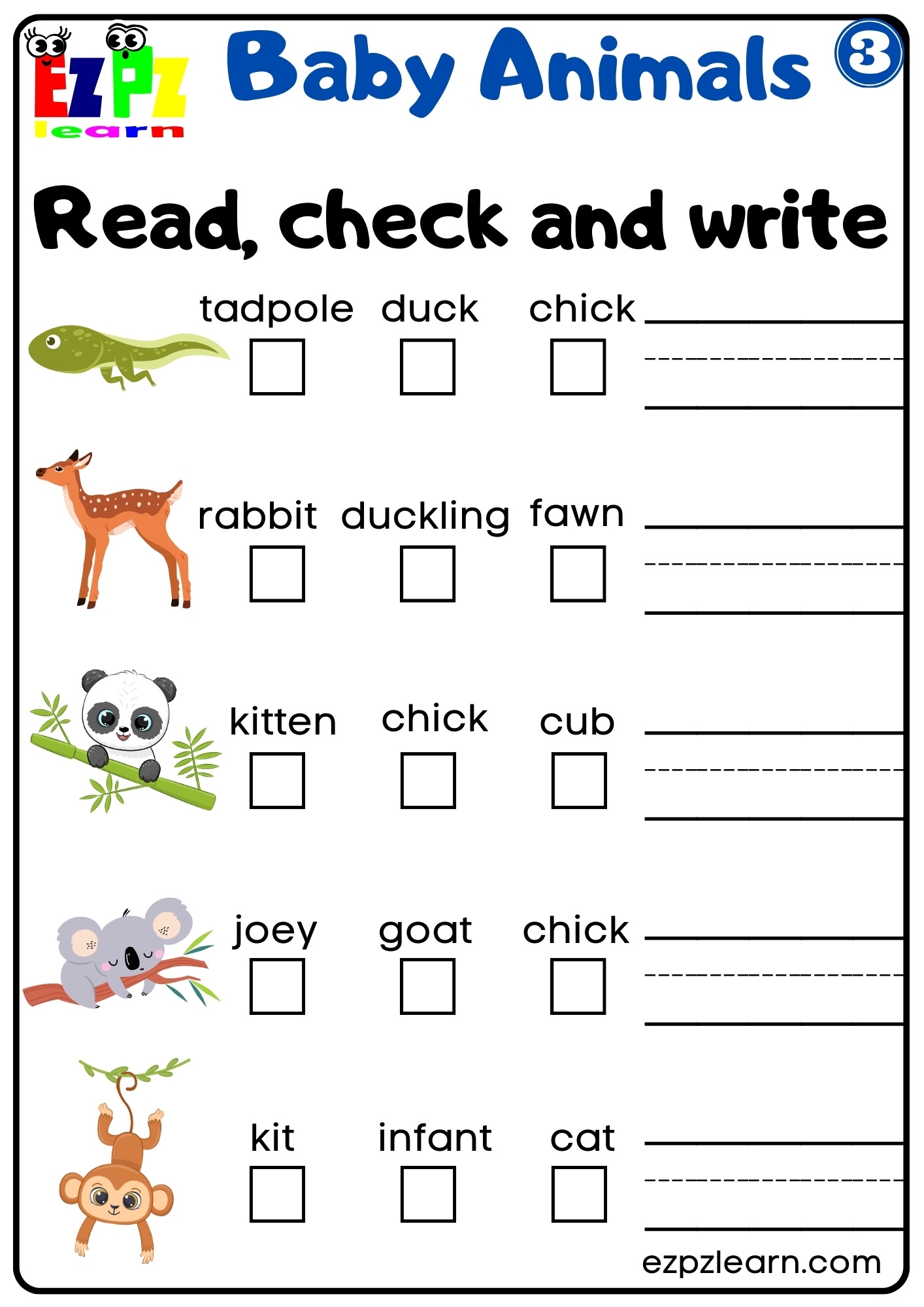 Baby Animals Vocabulary Read Check And Write The Words Activity 