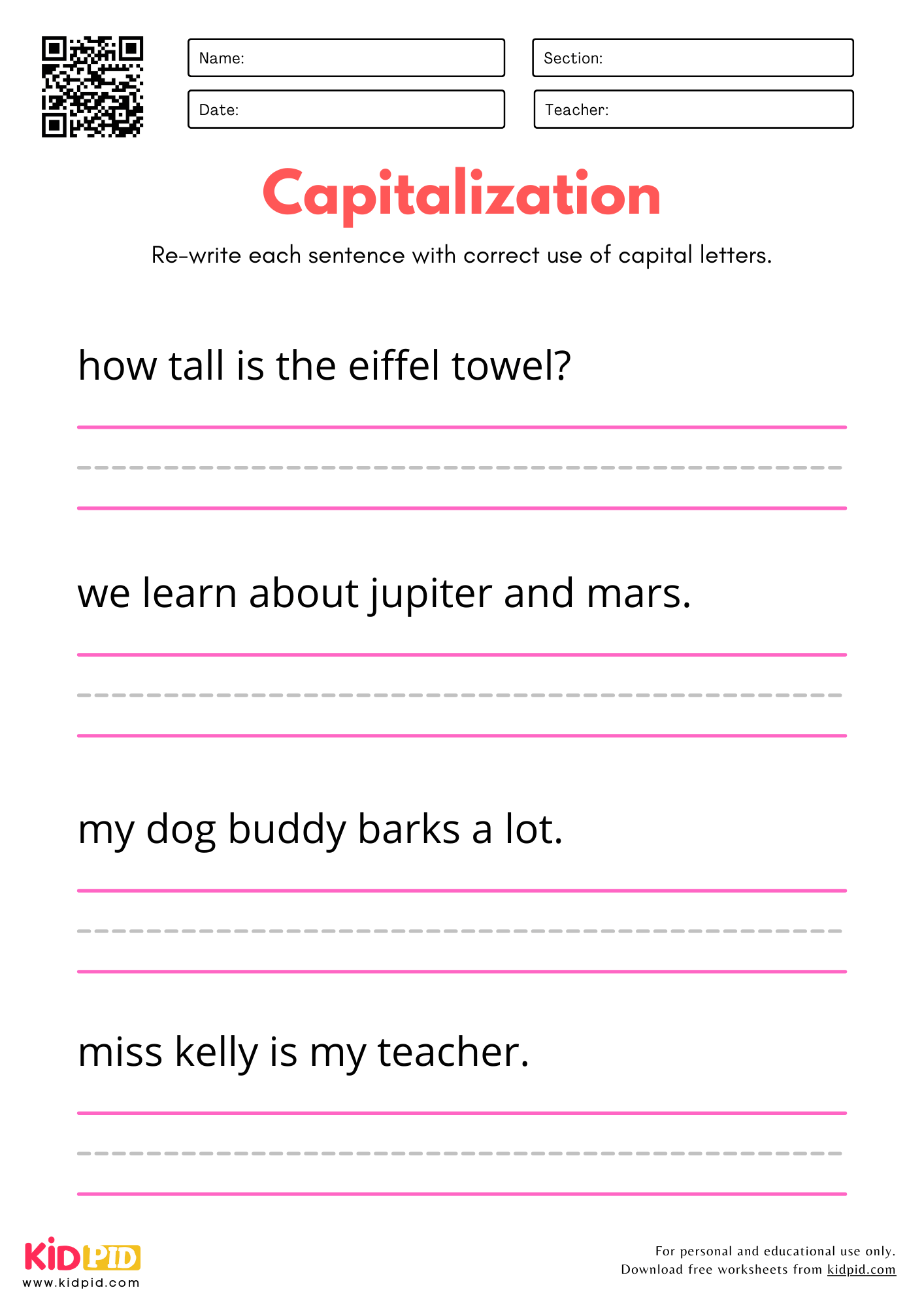 Capitalizations And Sentence Practice Worksheet For Kindergarten Kidpid