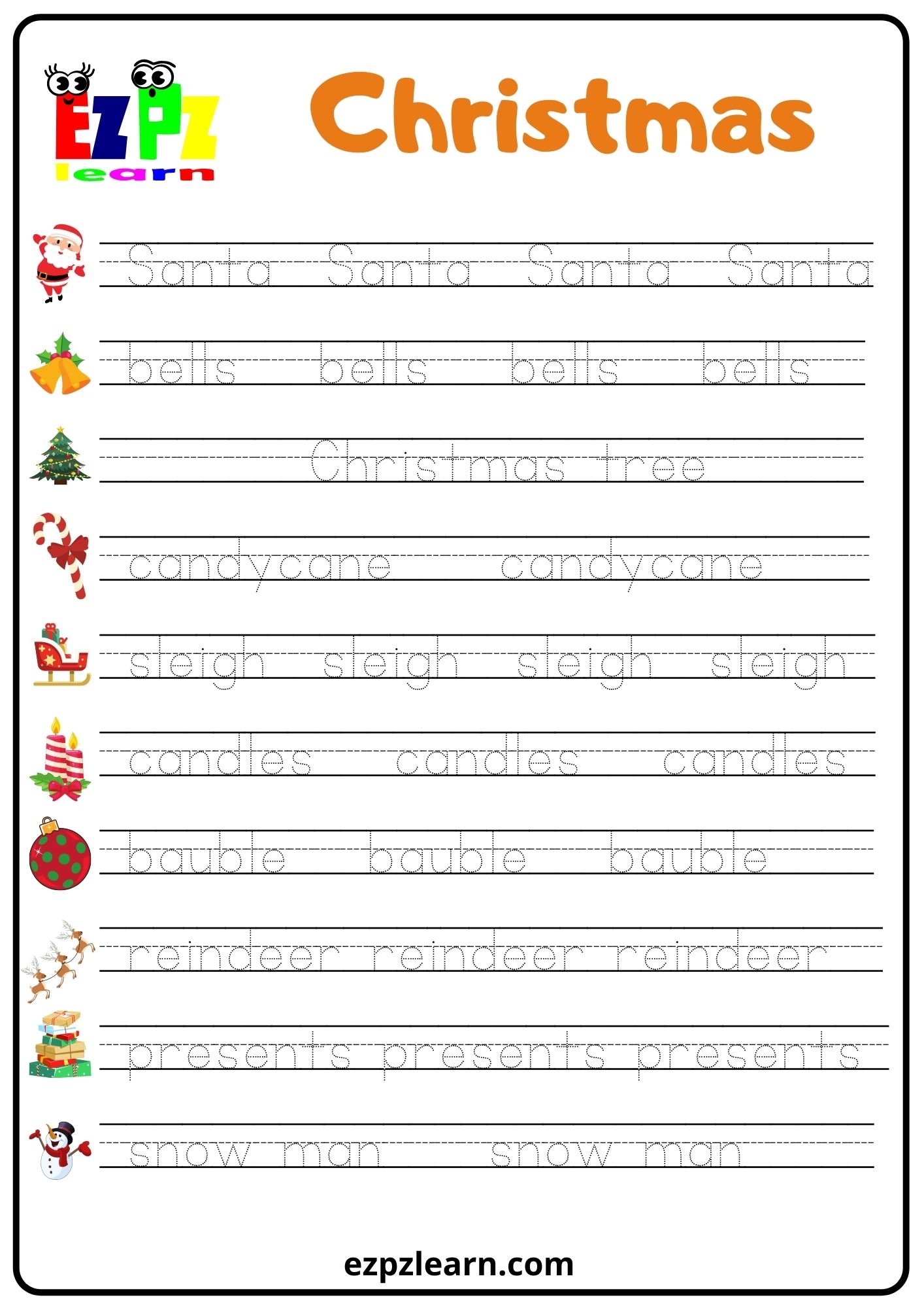 Christmas Word Tracing Worksheet Ezpzlearn