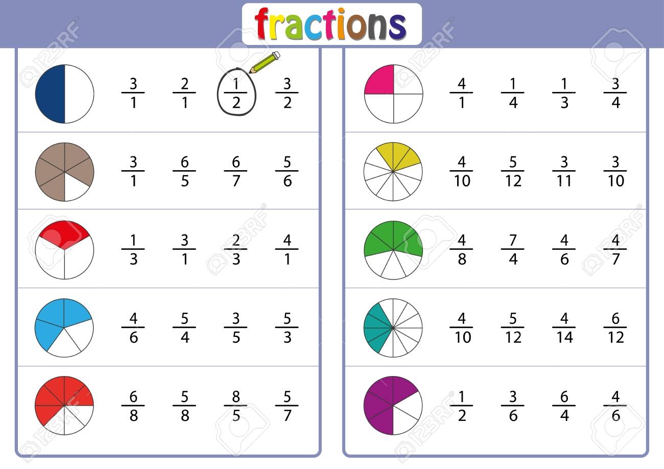 Circle The Correct Fraction Mathematics Math Worksheet For Kids Royalty Free SVG Cliparts Vectors And Stock Illustration Image 122681801 