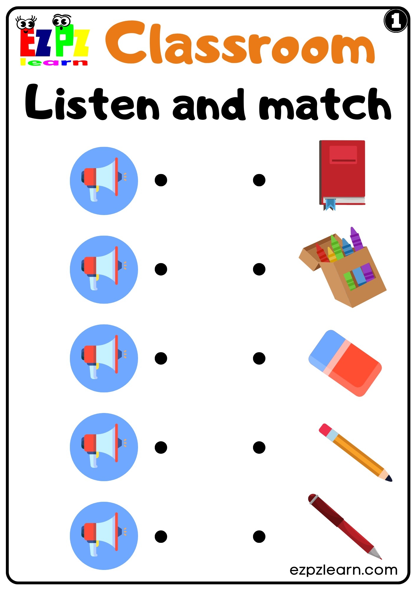 Classroom Objects Listen And Match Interactive Worksheet 1 