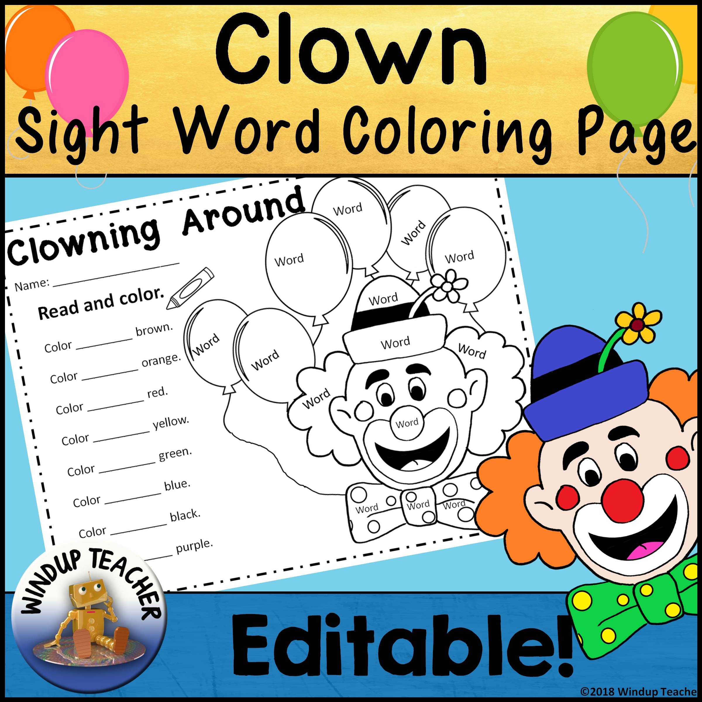 Clowning Around Here Sight Word Coloring Sheet Activity Editable 