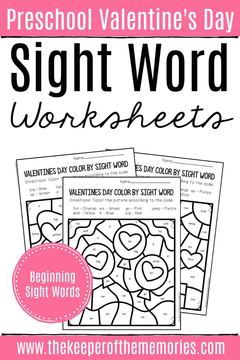 Color By Sight Word Valentine s Day Preschool Worksheets