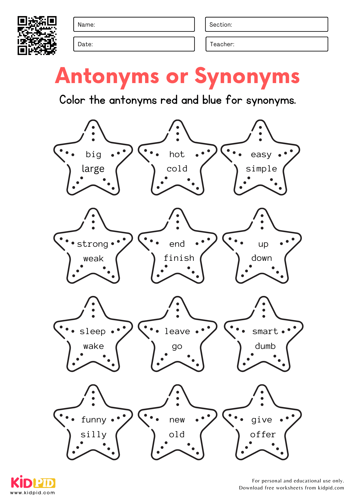 Color The Antonyms U0026 Synonyms Worksheet For Kindergarten Kidpid