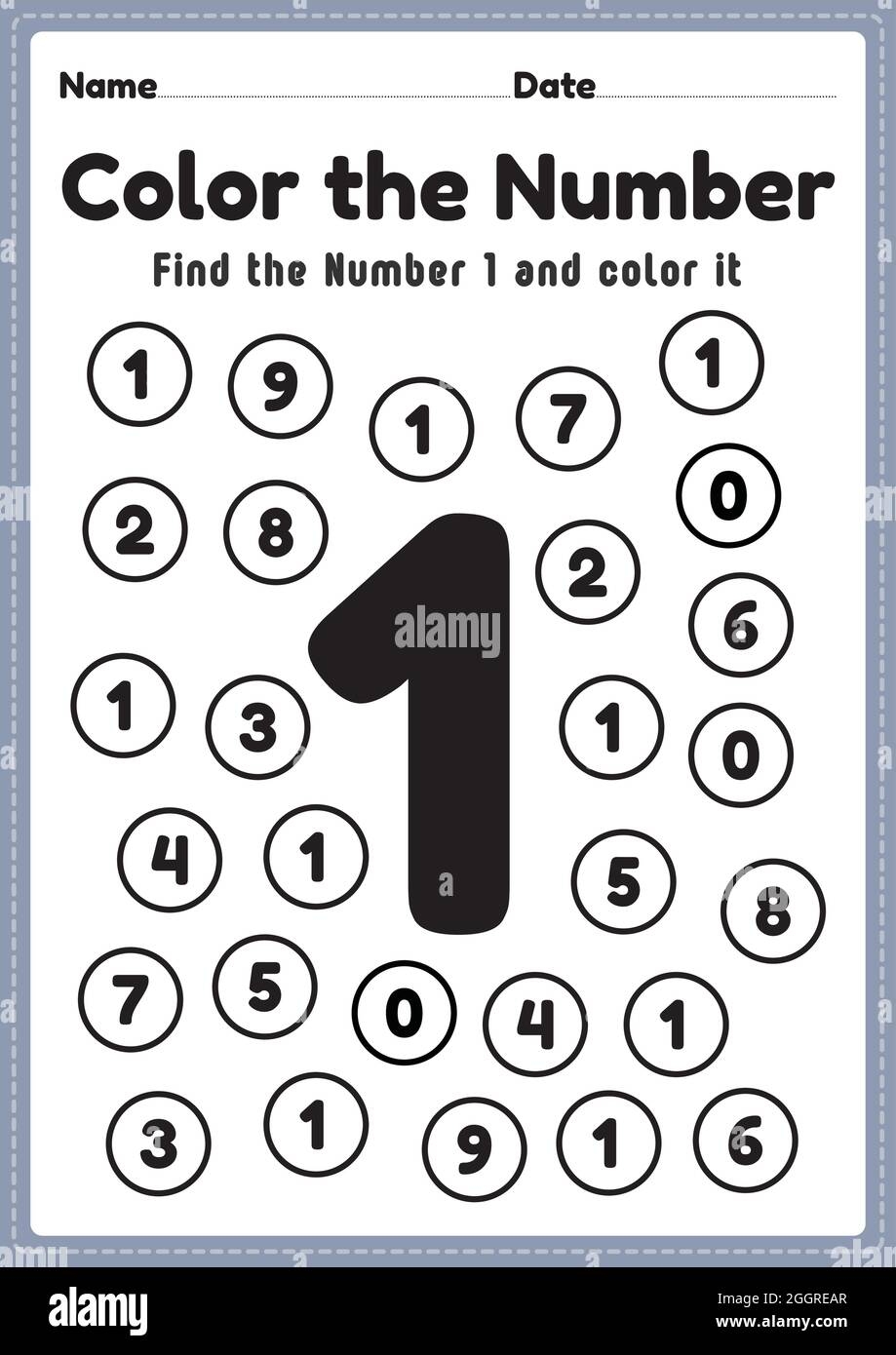 Coloring Numbers Number 1 Worksheet Math Printable Sheet For Preschool And Kindergarten Kids Activity To Learn Basic Mathematics Skills Stock Vector Image U0026 Art Alamy