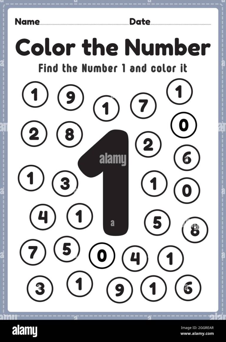 Coloring Numbers Number 1 Worksheet Math Printable Sheet For Preschool And Kindergarten Kids Activity To Learn Basic Mathematics Skills Stock Vector Image U0026 Art Alamy
