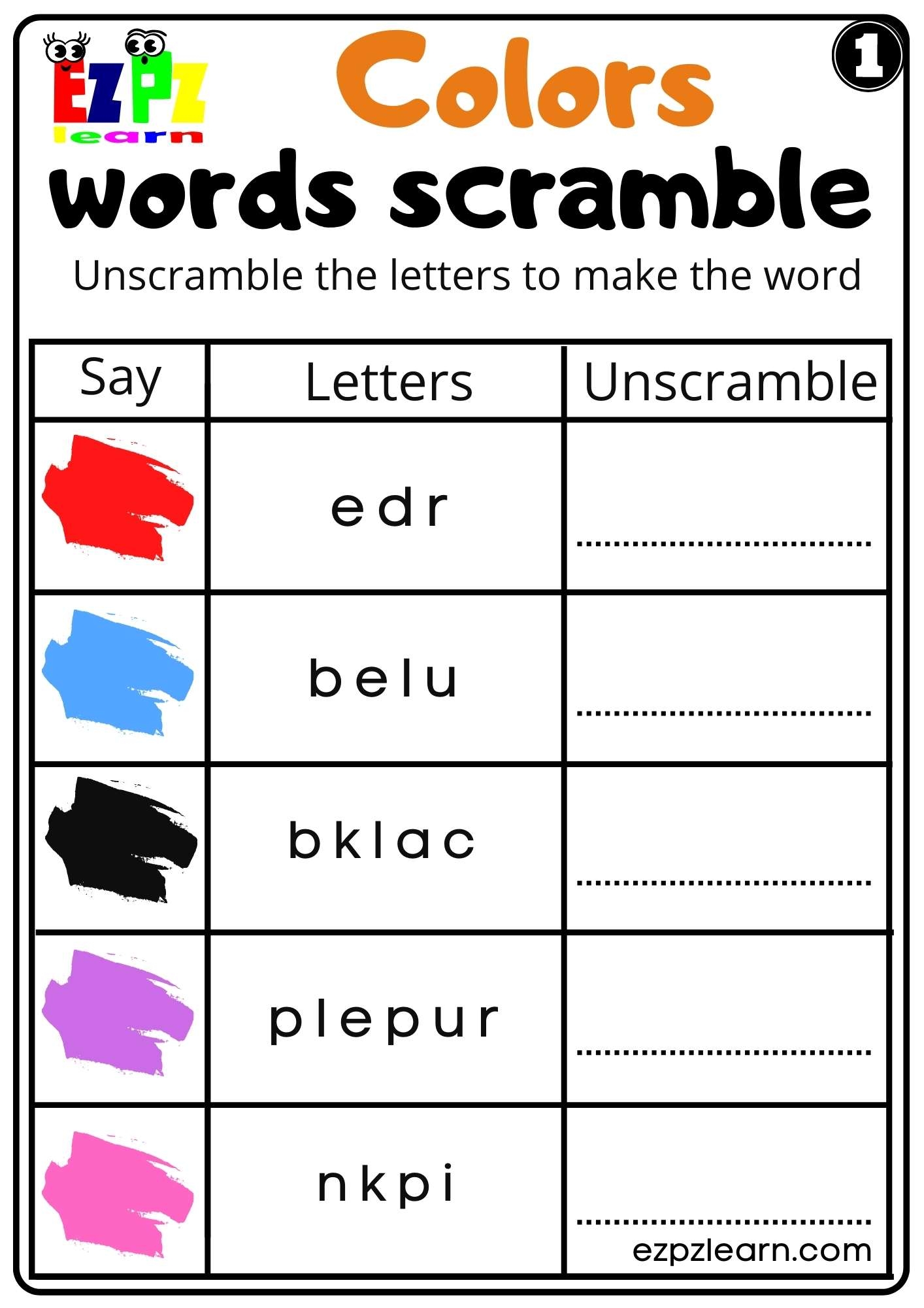 Colors Words Scramble Worksheet For K5 Kindergarten And ESL PDF Download Ezpzlearn
