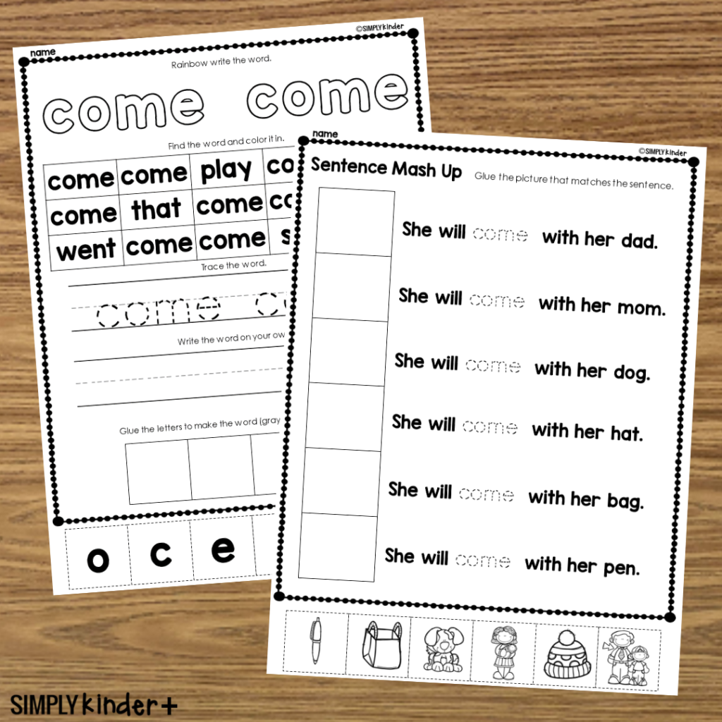 Sight Word Come Worksheets For Kindergarten