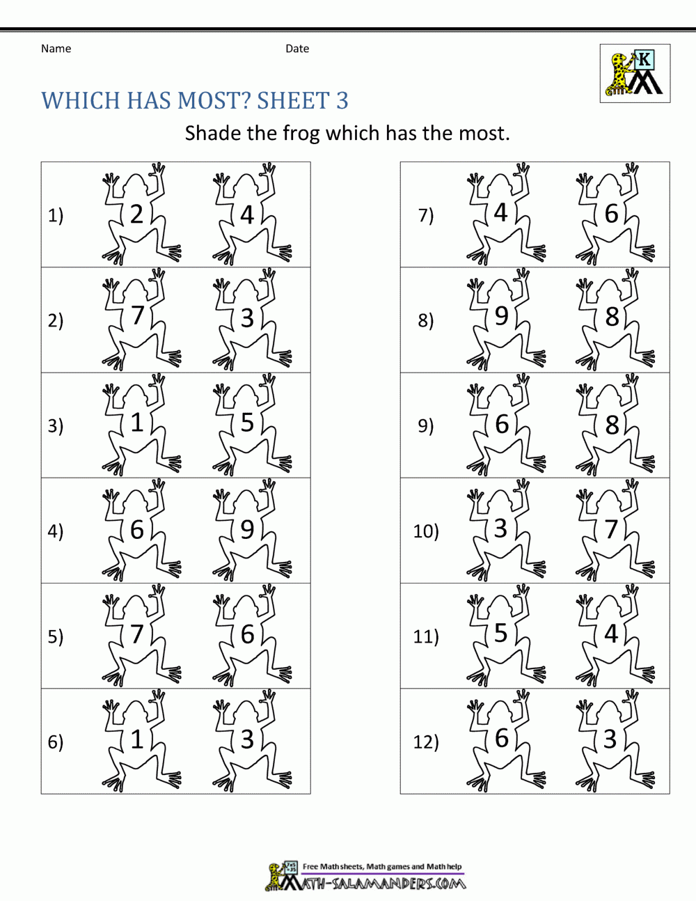 Free Kindergarten Math Worksheets Comparing Numbers