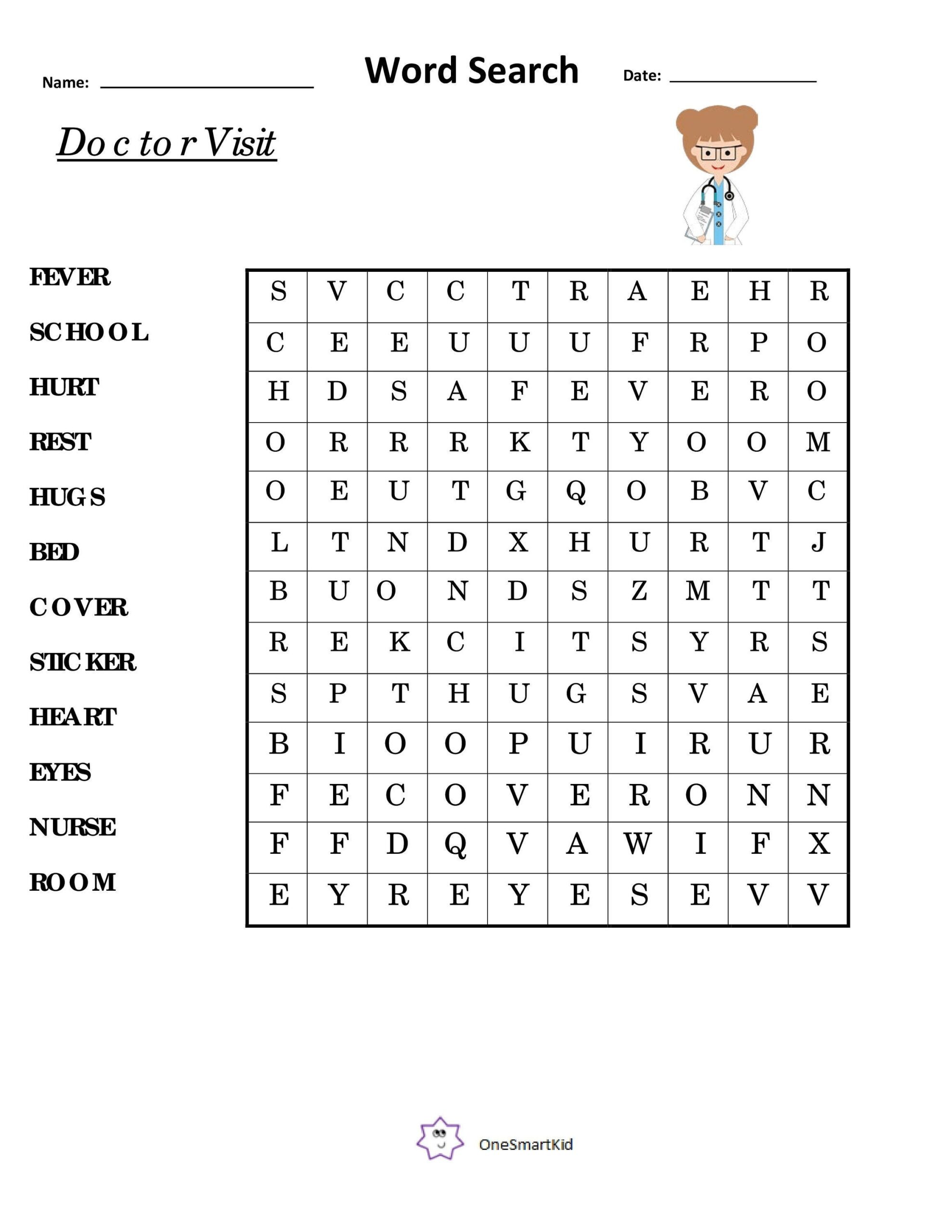 Doctor Visit Kids Word Search Downloadable Worksheet Etsy