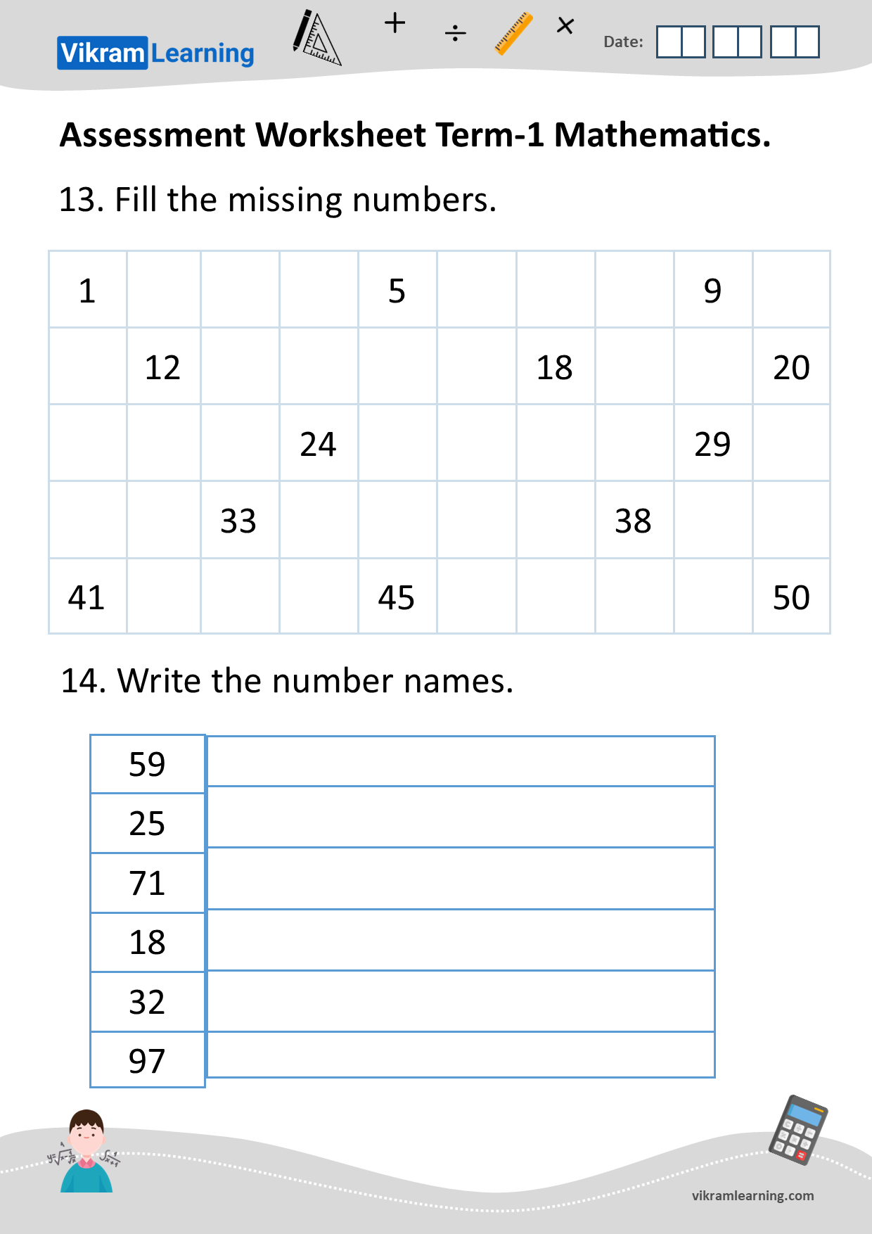 Download Assessment Worksheet Term 1 Mathematics Worksheets Vikramlearning