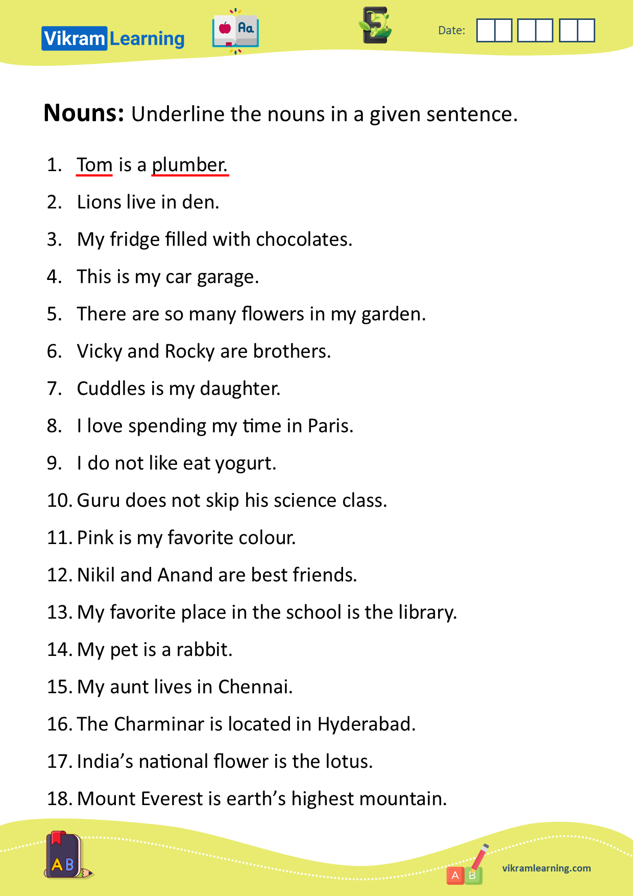 Download Nouns Naming Words Worksheets Vikramlearning