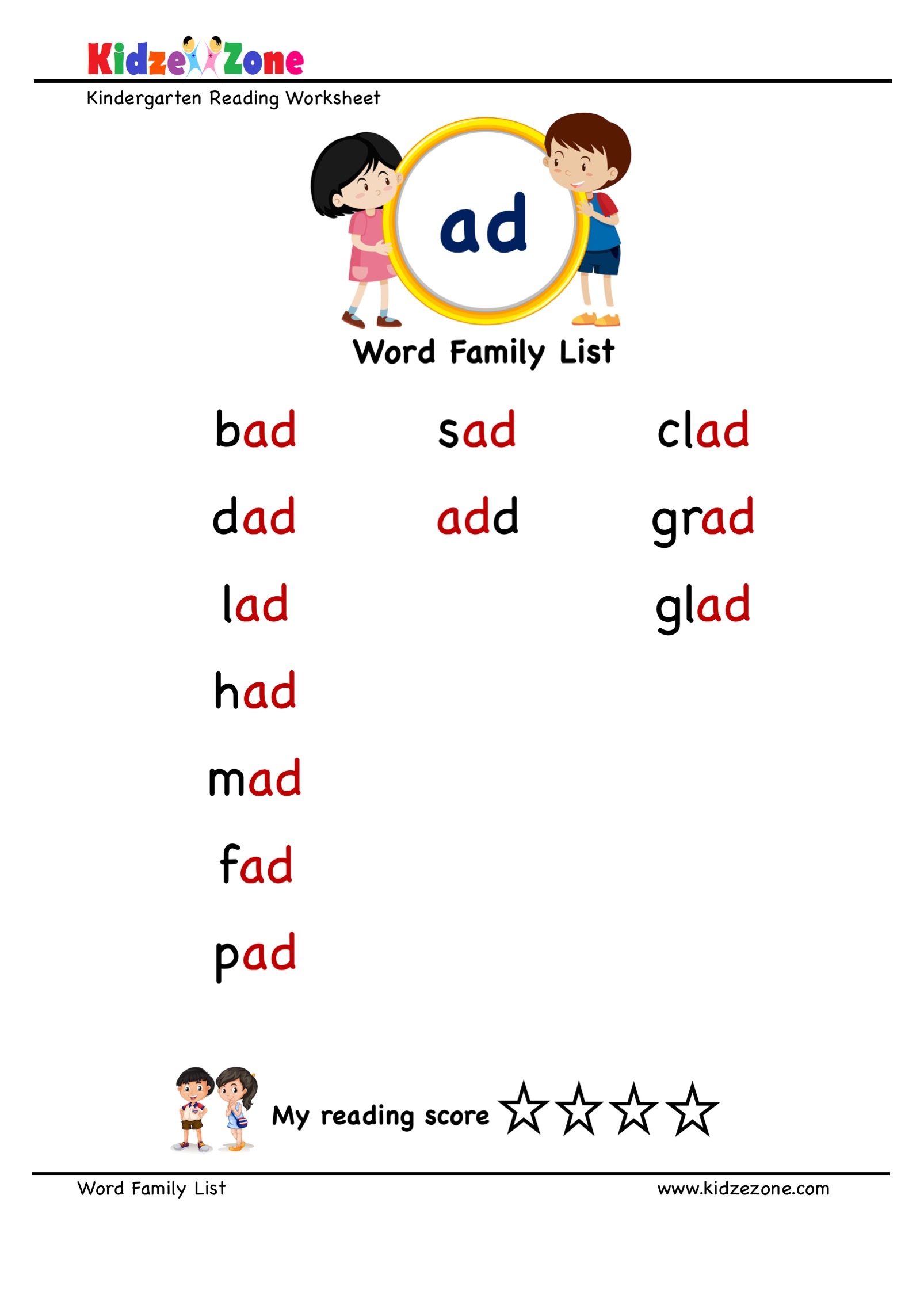 Ad Word Family Worksheets For Kindergarten