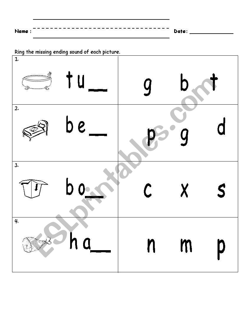 Ending Sounds Kindergarten Free Worksheets