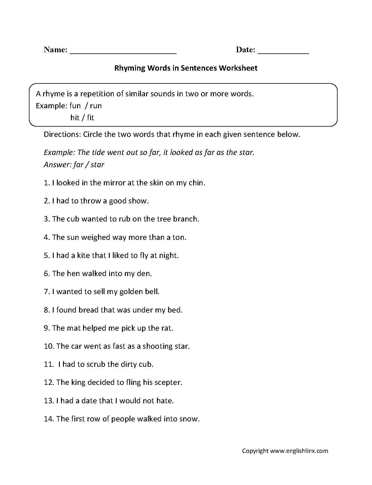 Free Kindergarten Grade Rhyming Worksheets