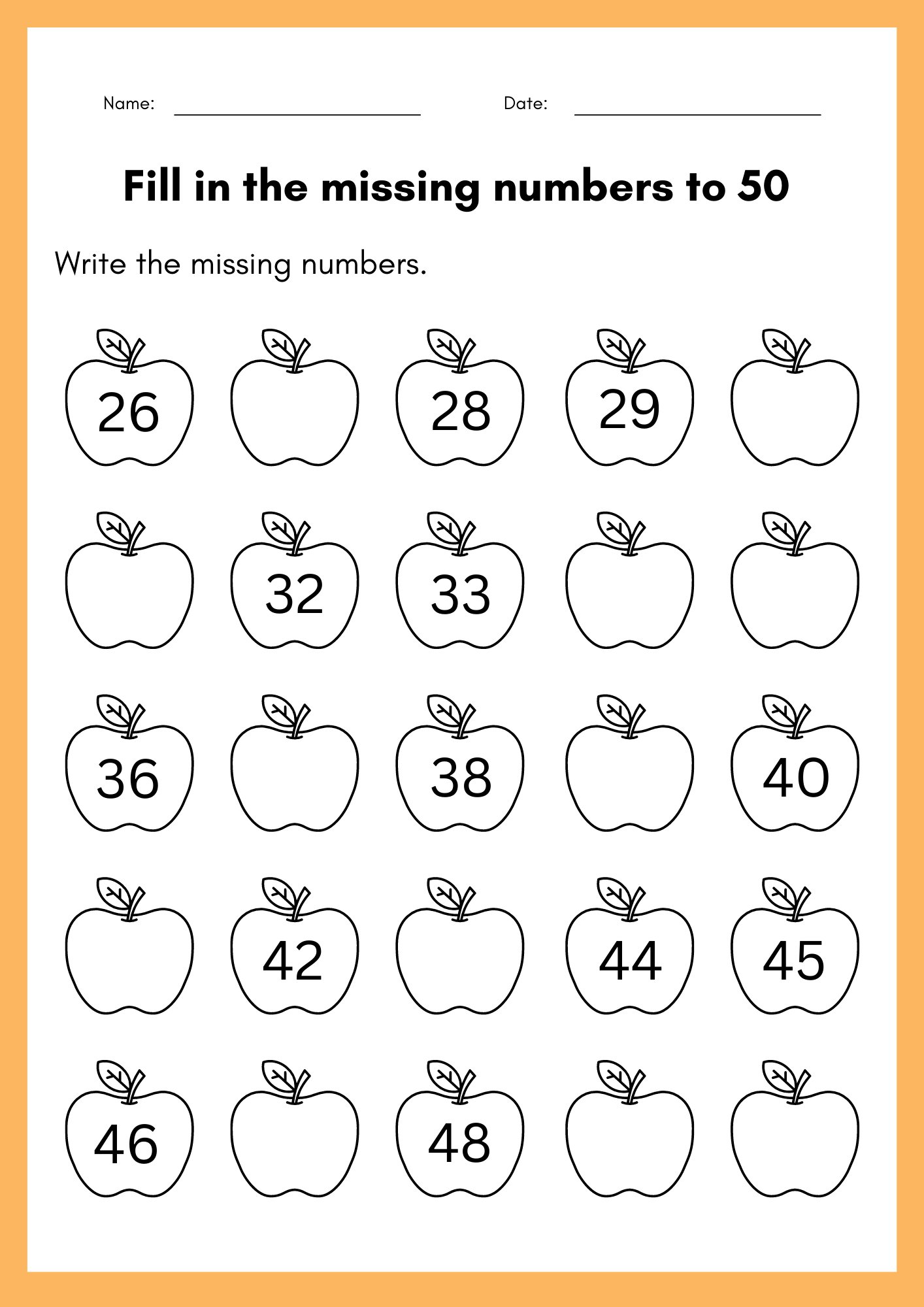 Fill In The Missing Numbers To 50 Worksheet Kindergarten Numbers 