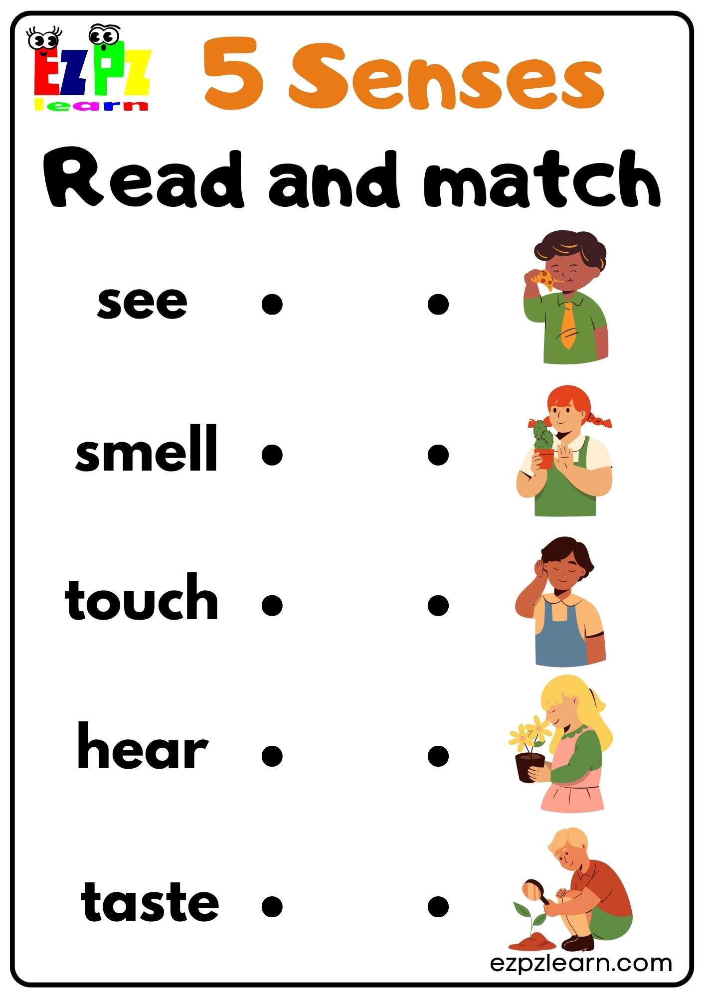 Five Senses Read And Match Worksheet For Kindergarten And ESL 