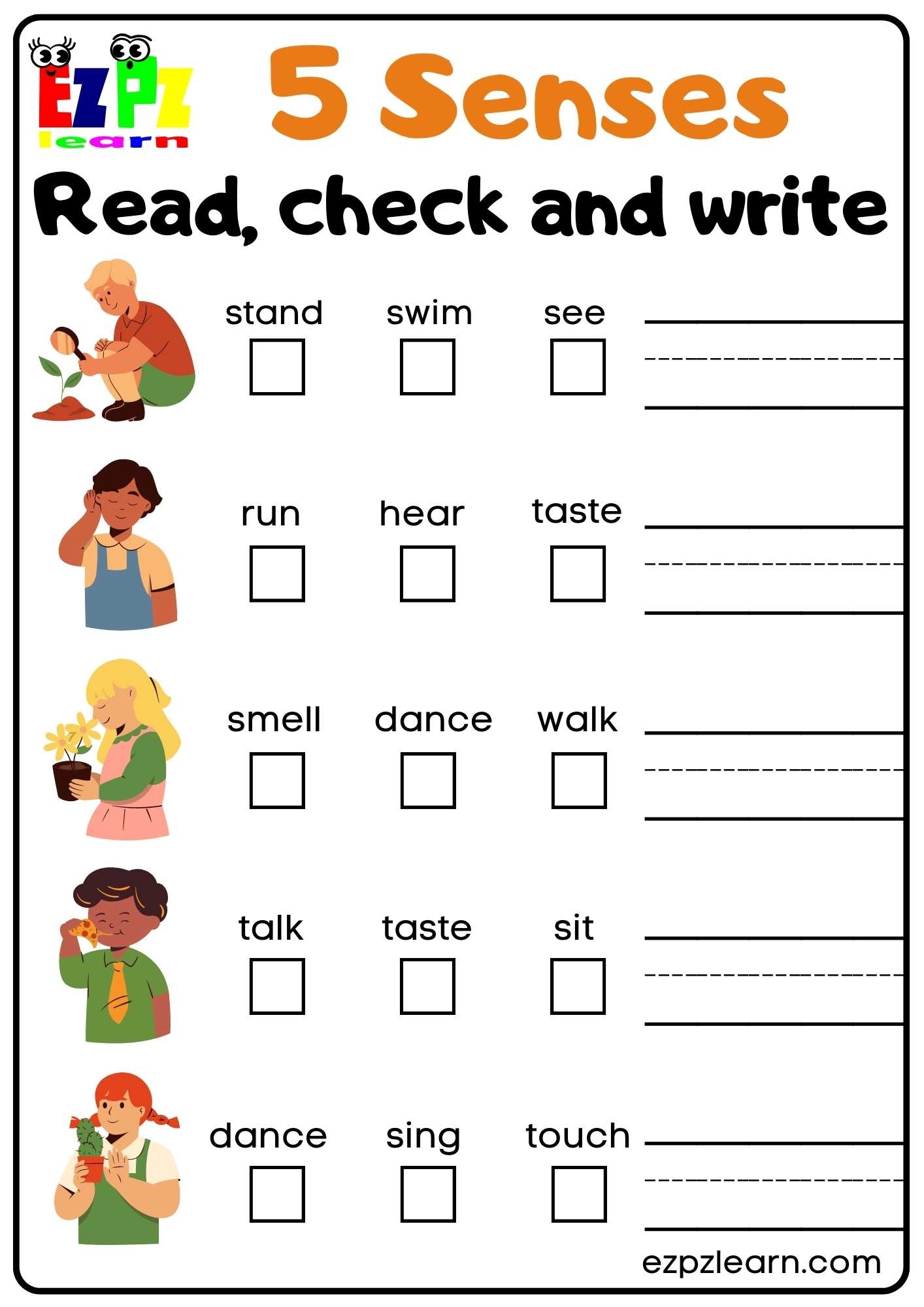 Five Senses Read Check And Write Worksheet For Kindergarten And ESL Students Free Download Ezpzlearn