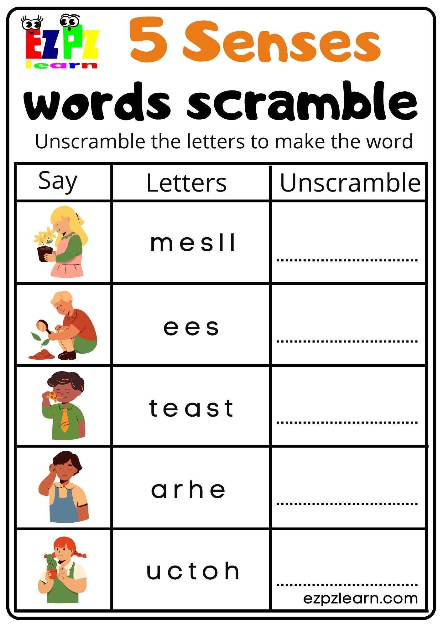 Five Senses Read Word Scramble Worksheet For Kindergarten And ESL Students Free Download Ezpzlearn