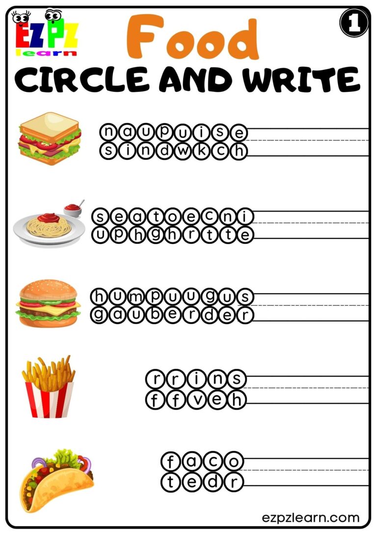 Food Circle And Write Worksheet For ESL And Kindergarten K5 Set 1 Ezpzlearn