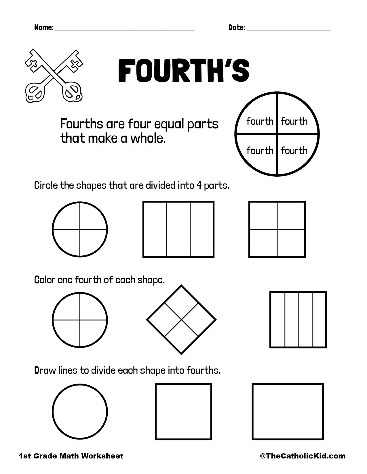 Fractions Fourths Quarters 1st Grade Math Worksheet Catholic TheCatholicKid