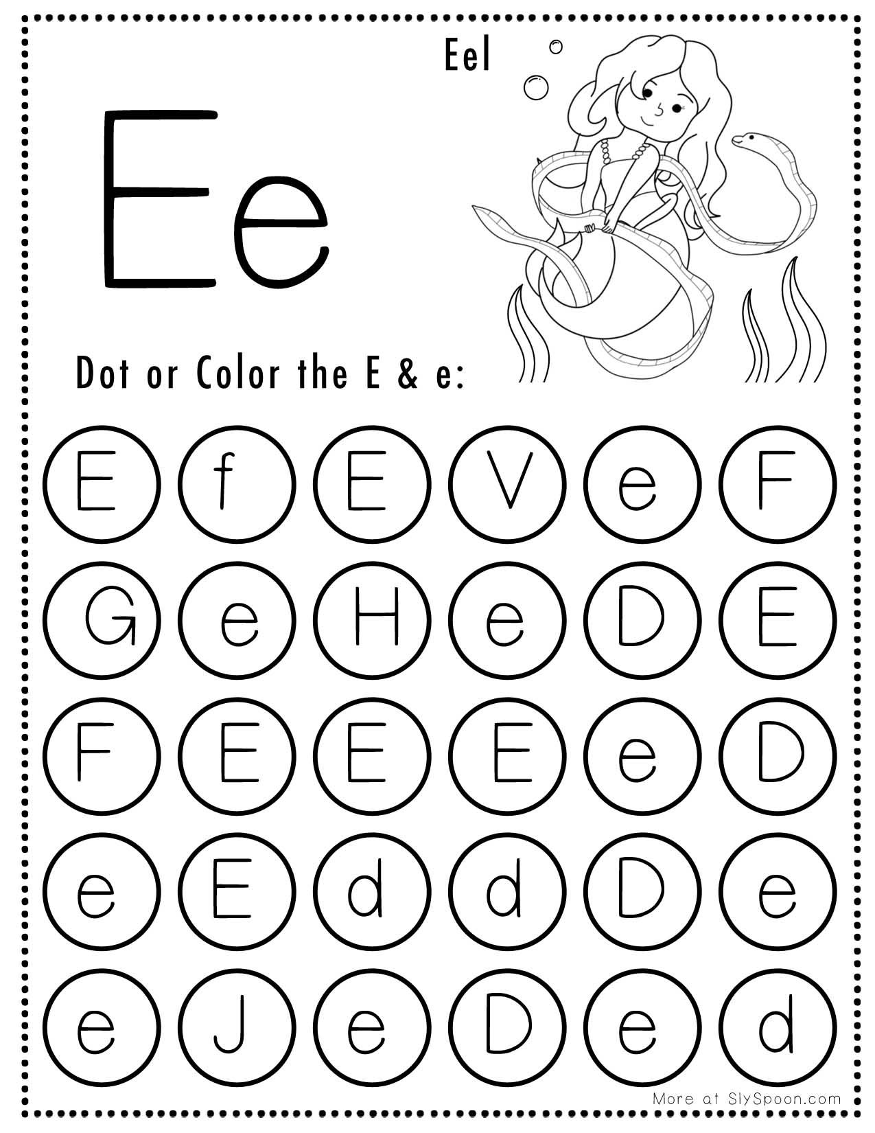 Free Alphabet Do A Dot Printables Worksheets Letter E Mermaid Themed Sly Spoon